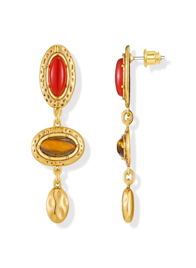 FAUTHENTICUTE Vintage Gold Dangle Earrings For Women Antique Gold Metal Settings With Imitation Red Carnelian And Brown Tiger Eye Stone Cabs Unique Earrings Gift - Image 1
